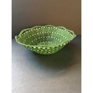 Kenya Tanzania Masai African Glass Seed Bead Handmade Wire Basket Bowl 9” Artsy